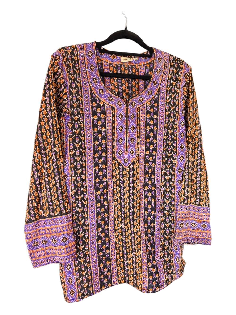 Neerus Indian Boho Printed Tunic Top in Black, Purple & Orange Large